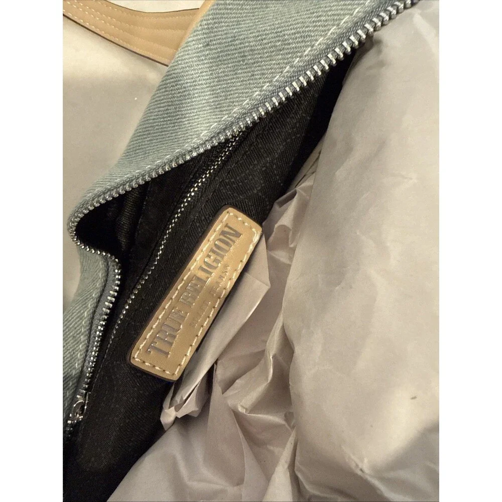 NWT True Religion Denim Shoulder Bag Y2K Bowling Bag Horseshoe Logo Light Wash
